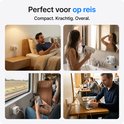 Kollage van vier situaties: een man met telefoon op bed, vrouw met föhn, vrouw met telefoon in trein, man met laptop in café.