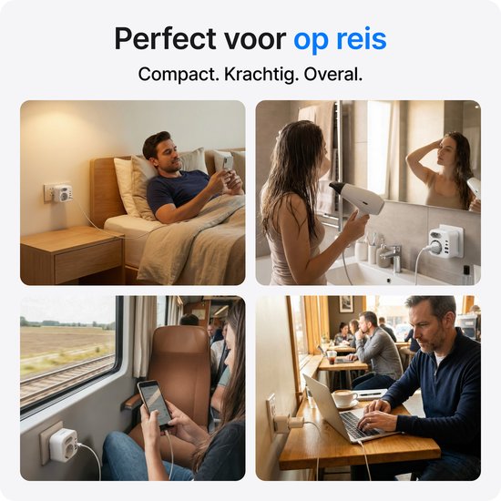 Kollage van vier situaties: een man met telefoon op bed, vrouw met föhn, vrouw met telefoon in trein, man met laptop in café.