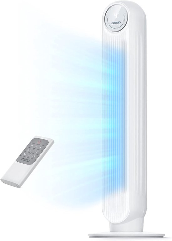 Ventilator toren wit stil 28 dB 4 snelheden 4 standen 90° oscillatie afstandsbediening timer 92 cm hoog