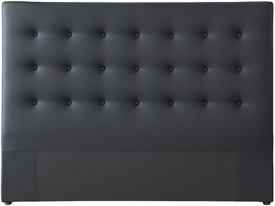 Tête de lit en similicuir gris foncé capitonnée, avec un panneau textile plus foncé en bas.
