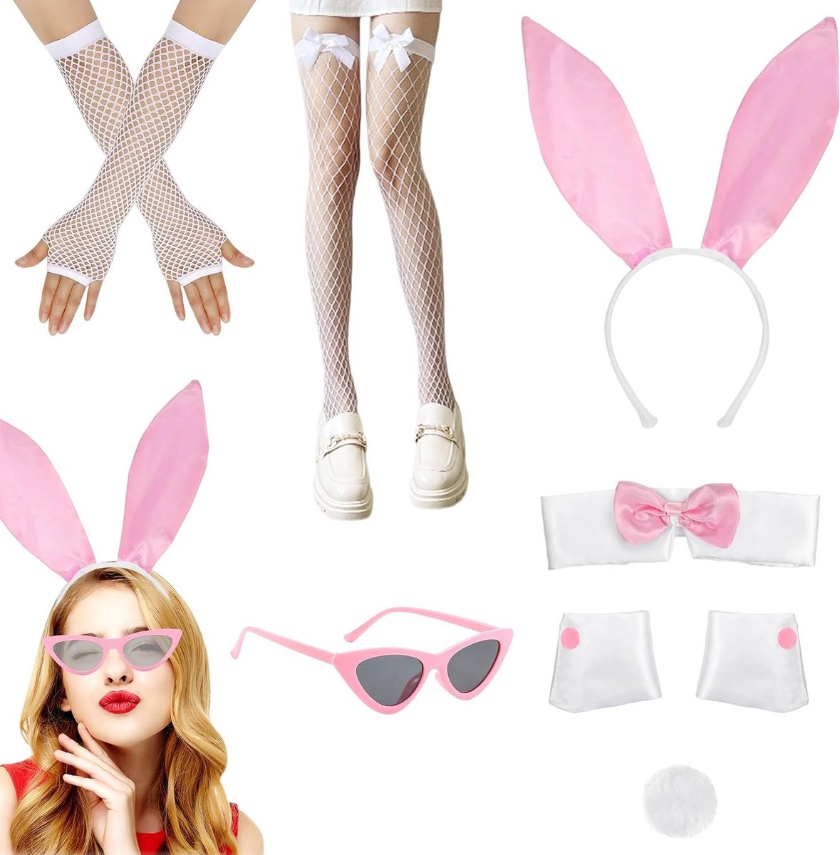 Dames Konijnenkostuum Set, 7 Delige Roze en Witte Outfit met Oren, Kraag en Accessoires voor Feestjes en Carnaval