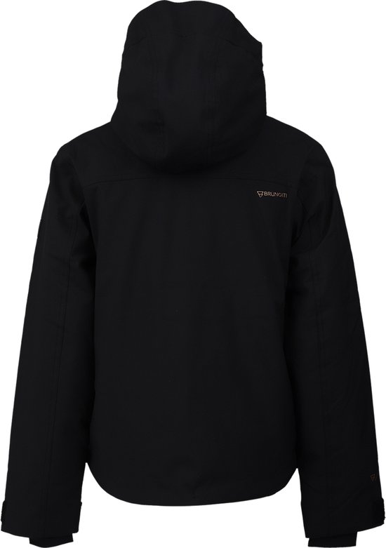 Zwart ski-jack met capuchon, logo in goudkleur op de rug en mouw.