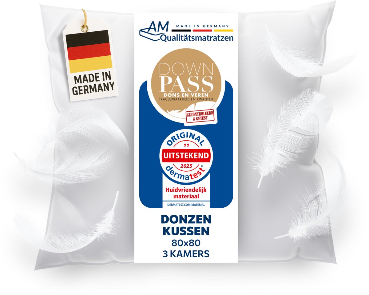 DormiGood - Premium donskussen 80 x 80 cm 100% natuurlijk - 3 compartimenten hoofdkussen 80x80 1080g extra zacht - Hoogwaardig inlegwerk van katoen