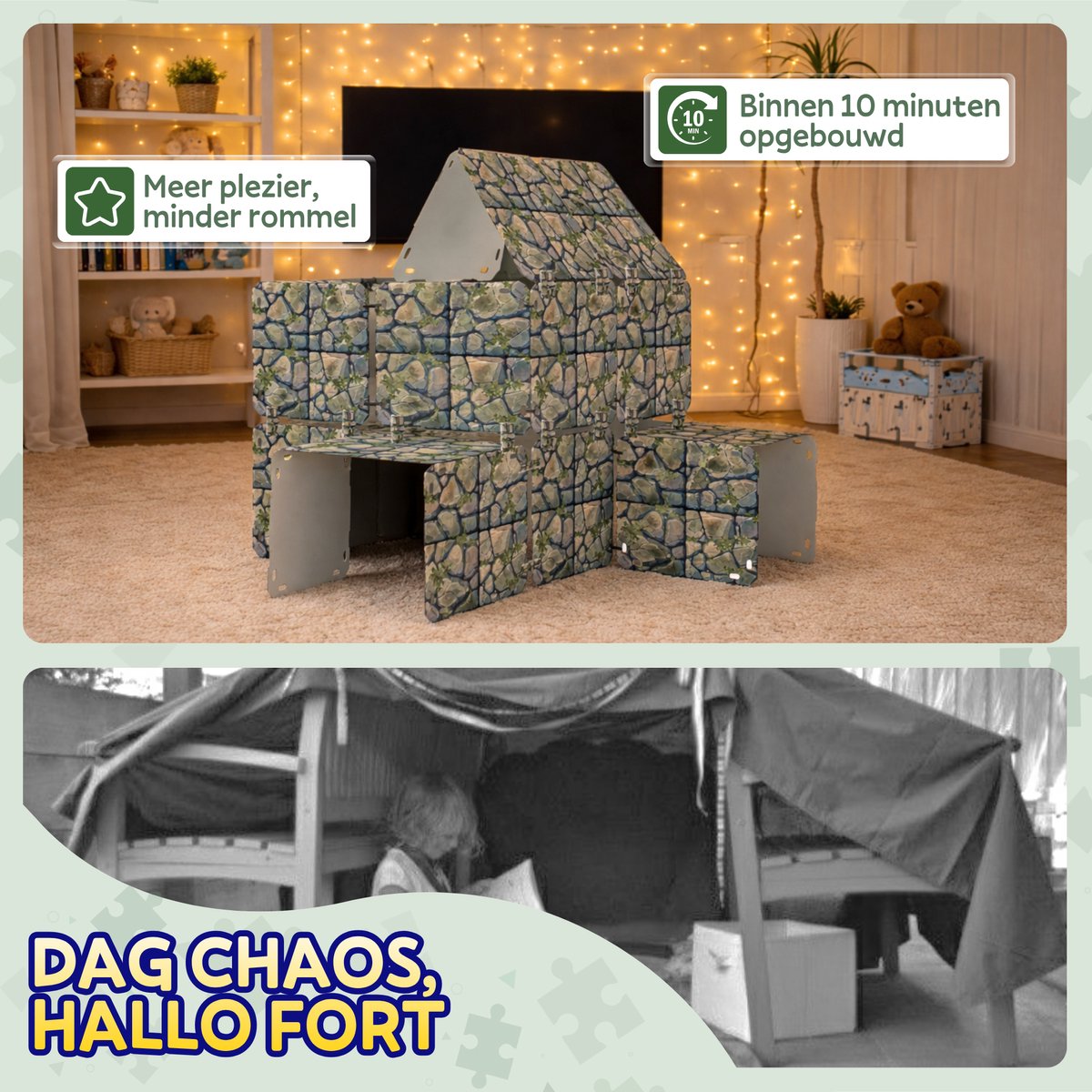 Fort Bouwplaten Set + Uitbreidingspakket - 68 Onderdelen - Kasteel Bouwen - Speeltent - Speelhuis Bouwset - Fort bouwen - Bouwpakket - Bouwspeelgoed - Constructiespeelgoed voor Kinderen — afbeelding 6