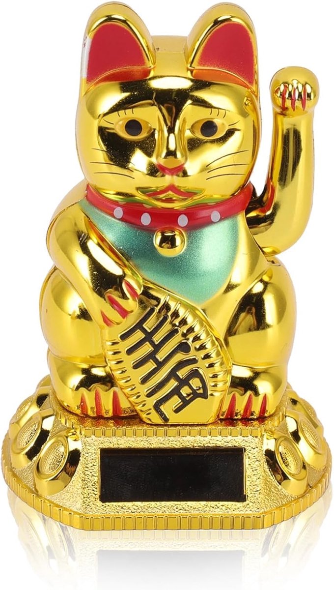 JeiibrZui Zwaaikat Gelukskat - 8 x 4,5 cm - 1 Stuk Zwaaiende Arm - Goud - Zonne-energie Decoratie voor Auto en Huis - Feng Shui Maneki Neko Ornament