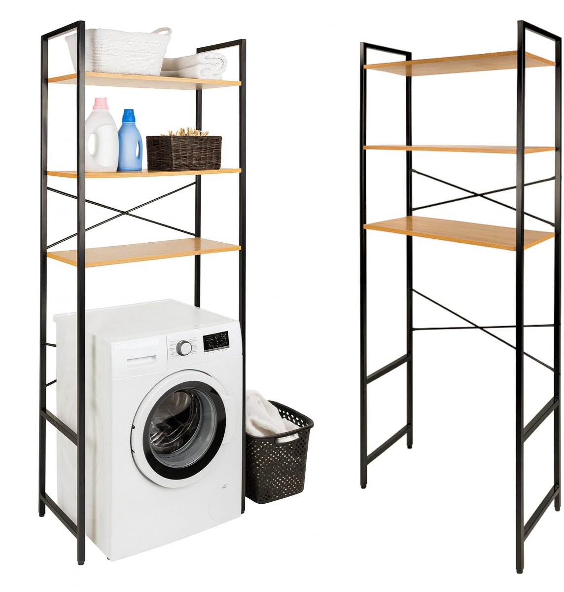 BEGRYF - Wasmachinerek - metaal en houtlook - eikenkleur - 2-in-1 - 66x30x186 cm