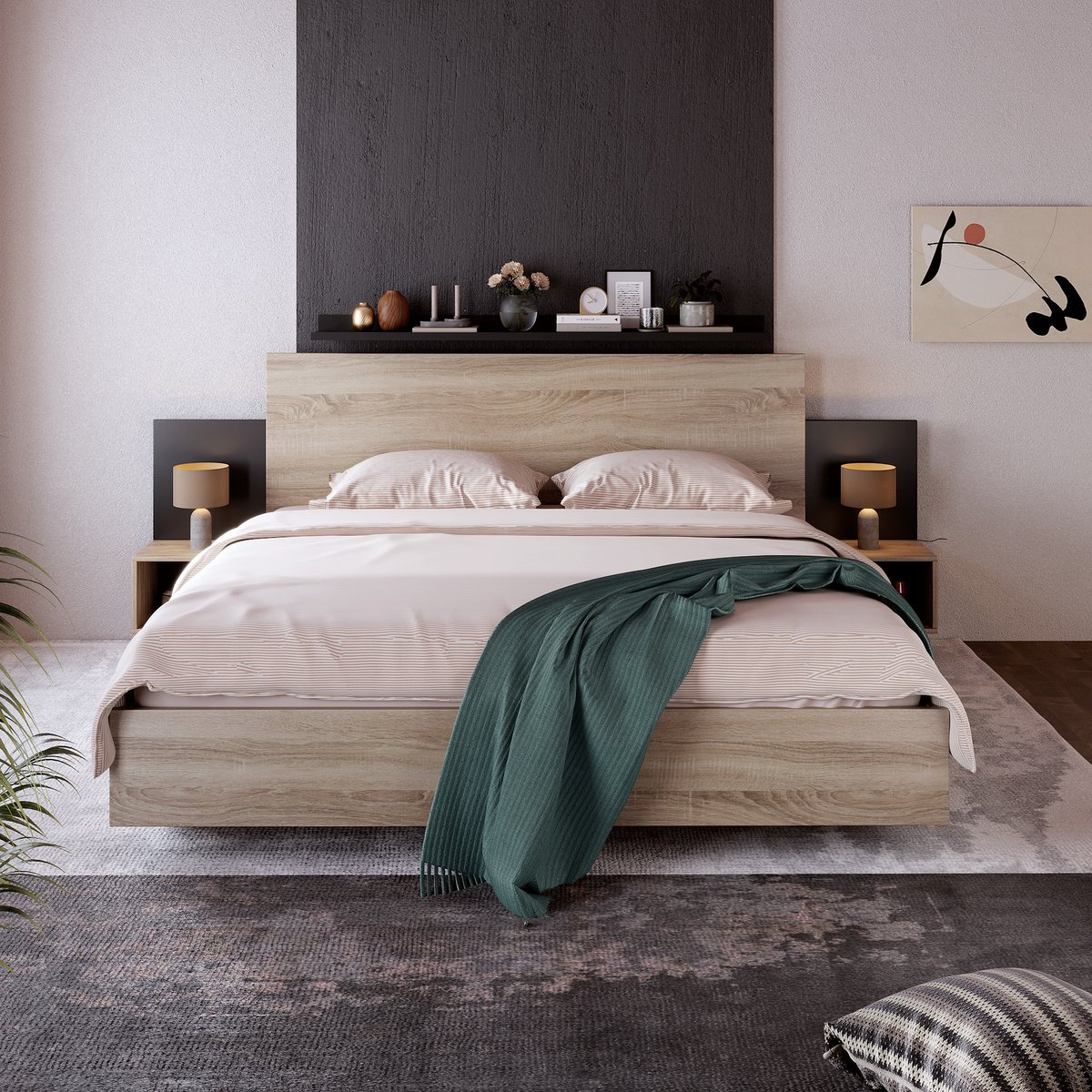 VVBV Tweepersoonsbed 160x200 / Opbergbed – met Opbergruimte, LED-Verlichting, Lattenbodem – Massief Hout – Donkergrijs – met 2 Nachtkastjes