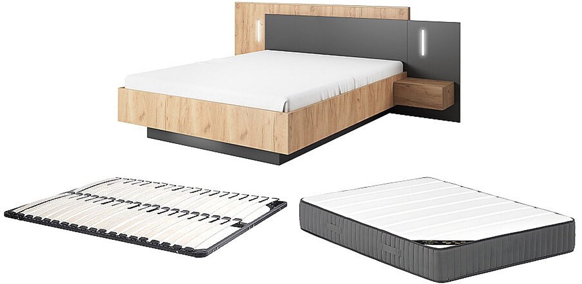 Vente-unique Bedframe hout antracietgrijs, natuurlijk licht 160 x 200 cm