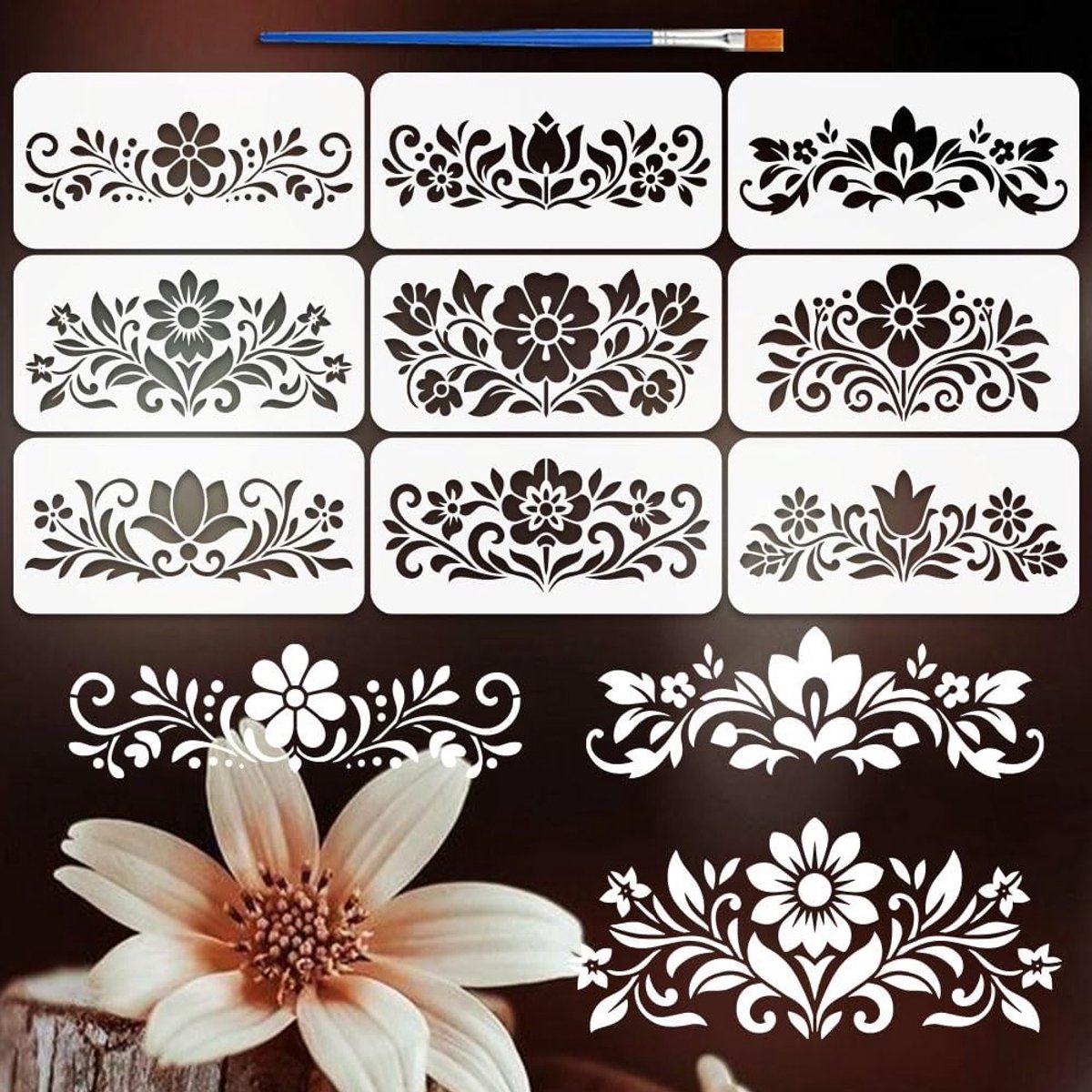 9 Stijlen Folk Art Randpatronen Sjablonen met Kwast 15X30cm voor Schilderen op Hout, Vloertegels en Meubels