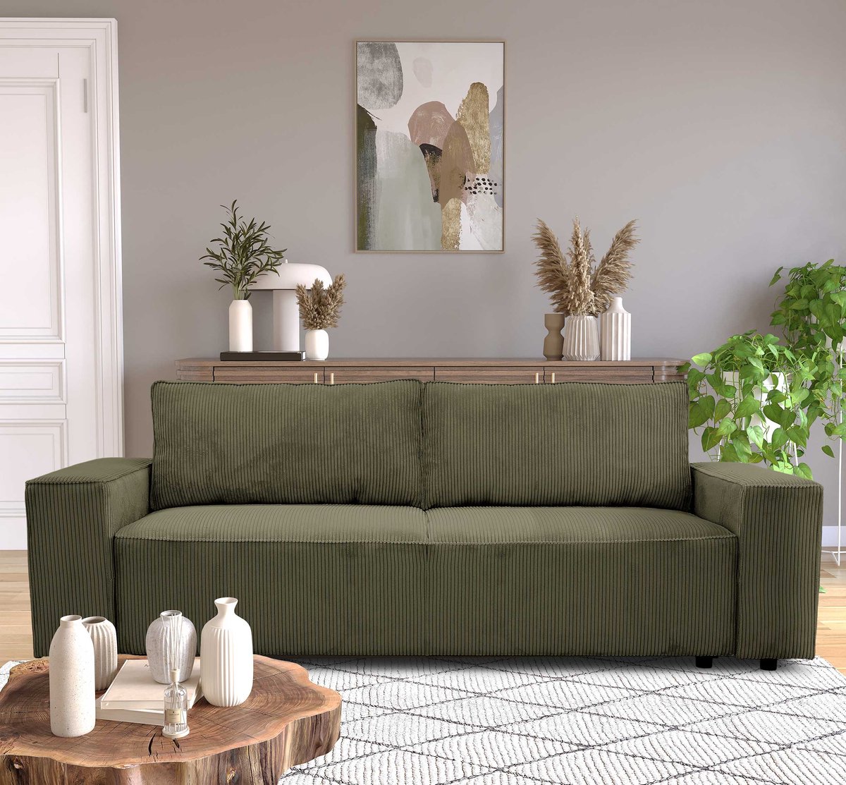 3-zitsbank Josh - 239x86x85cm - Met Opbergruimte - Kaki Ribfluweel