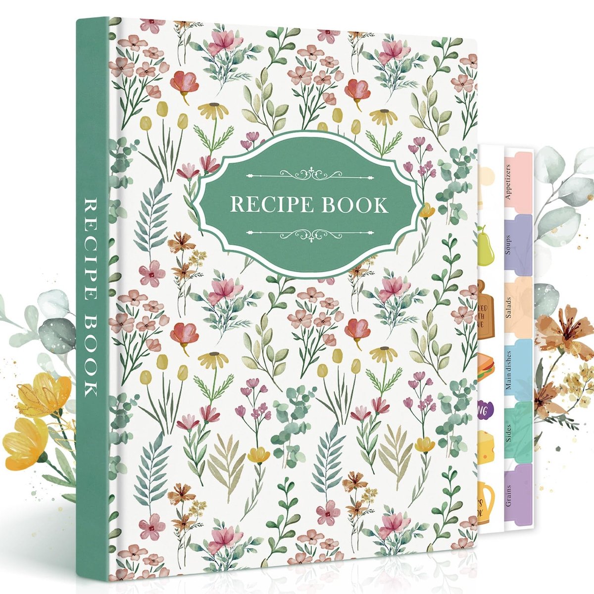 Cosensi - Lege Kookboek - Receptenboek - Organiseer je Familie Recepten - Groen - Waterdicht - Kooknotities - Geschikt voor Koken - Floral Design