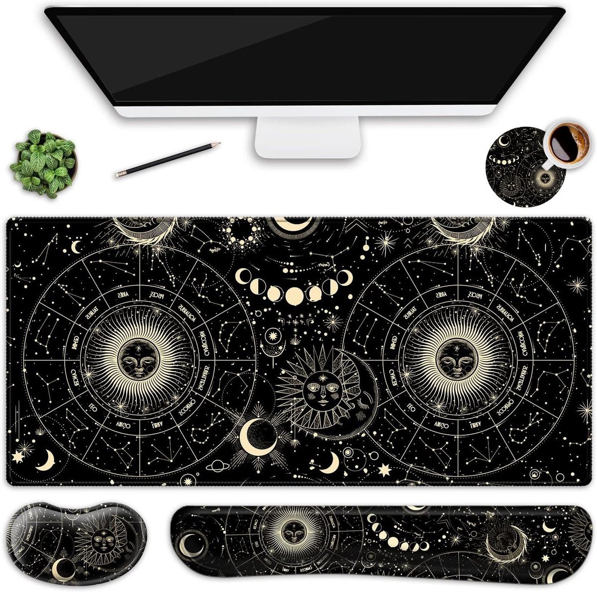 XXL Bureauonderlegger Set - Desk Pad Polssteun - Werkplek Organiseren - Ergonomische Polssteunen - 90 x 40 cm - Maan