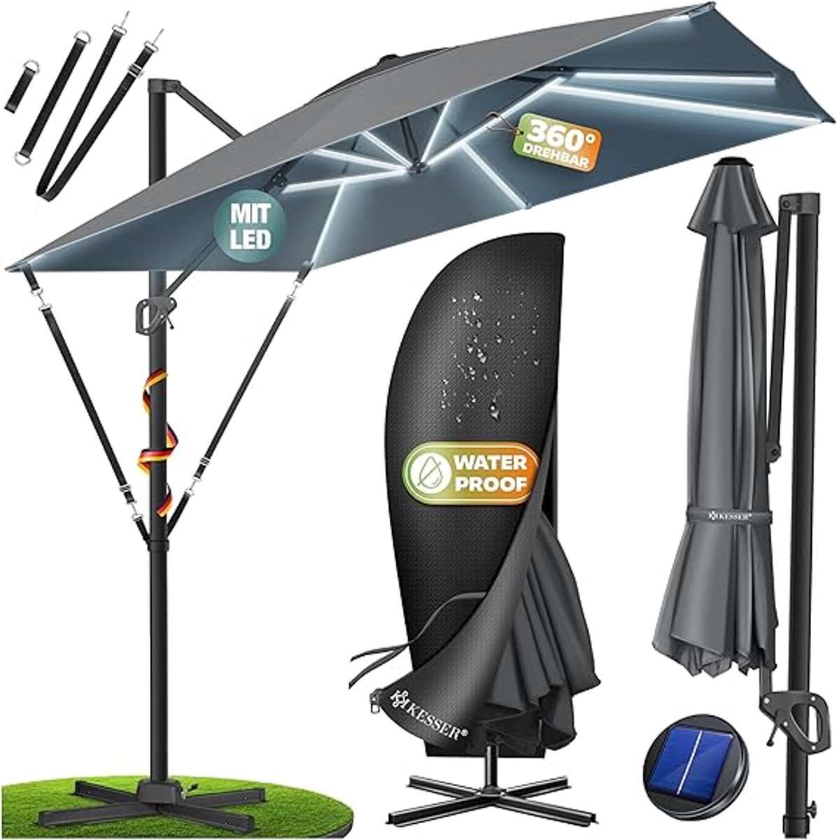 Zweefparasol 300x300 cm Vierkant – 360° Draaibaar & Kantelbaar, UV50+ Zonbescherming, Aluminium Frame, Waterafstotend – Inclusief Hoes & Windbeveiliging – Antraciet – Nicolehome