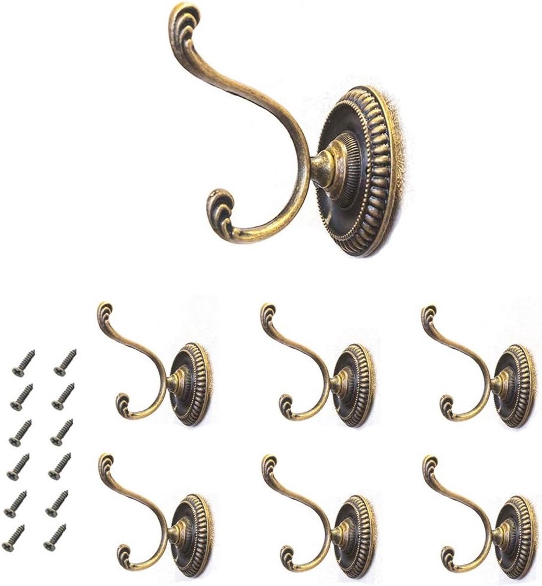 Vintage Wandhaak Set van 6 - Antieke Muurhaken van Koperlegering voor Badkamer en Keuken, Ideaal voor Hoeden en Jassen