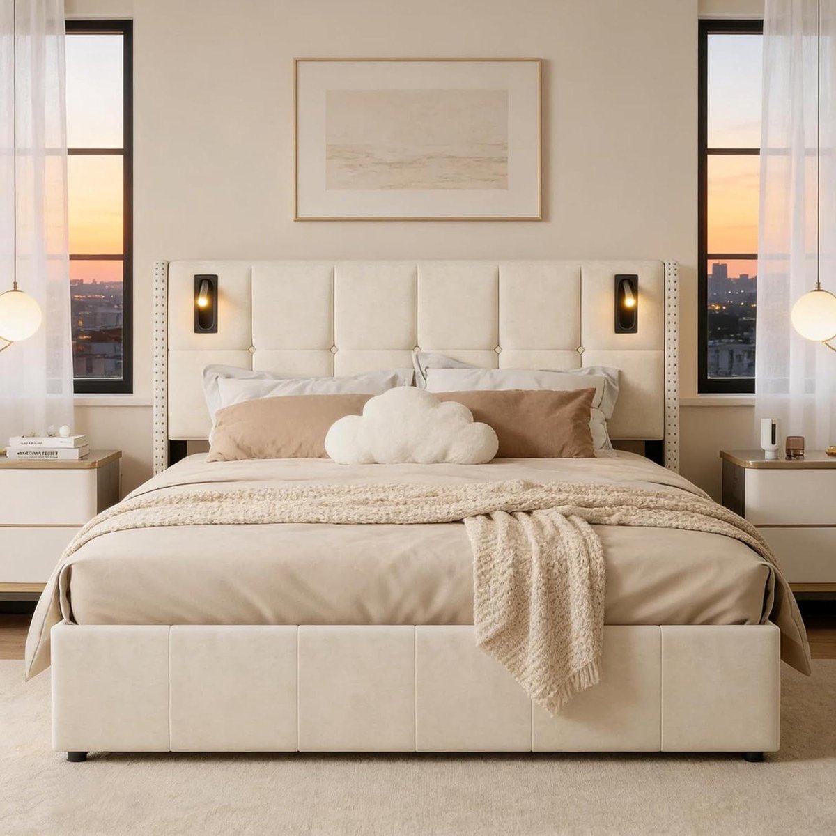 Gestoffeerd bed 140x200 met opbergruimte onder het bed, tweepersoonsbed met leeslamp, jeug