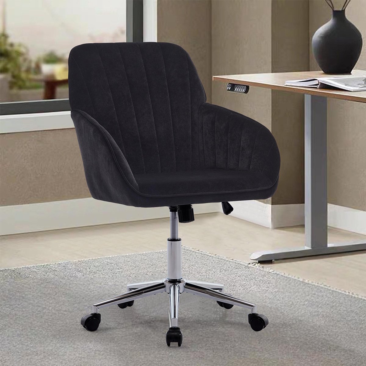 BLACKCOLORS In hoogte verstelbare bureaustoel voor thuis en de slaapkamer, ergonomische draaistoel met rugleuning, geschikt voor langdurig zitten. Zwart