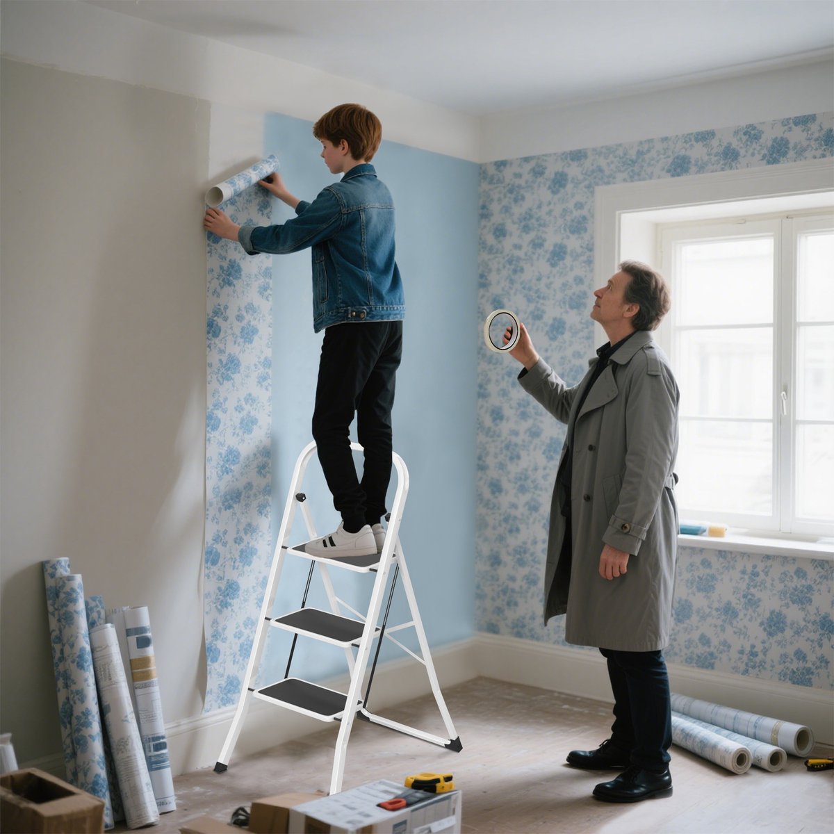Froadp 3-treden metalen ladder, opvouwbare ladder, opstapje, antislip trapladder, multifunctionele ladder, opvouwbaar opstapje, opstapladder, sta-ladder tot 150 kg, zwart-wit – foto 6