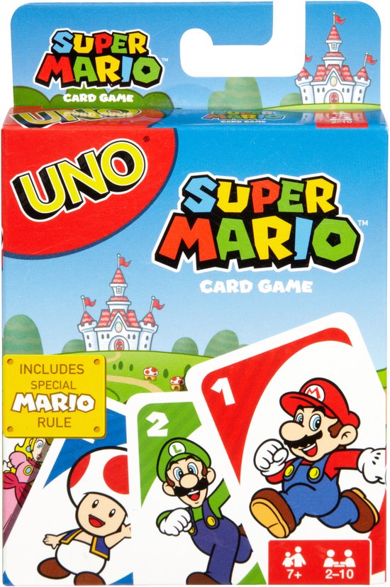 Doos UNO Super Mario met Mario, Luigi, Toad en Peach. Bevat speciale Mario-regel.