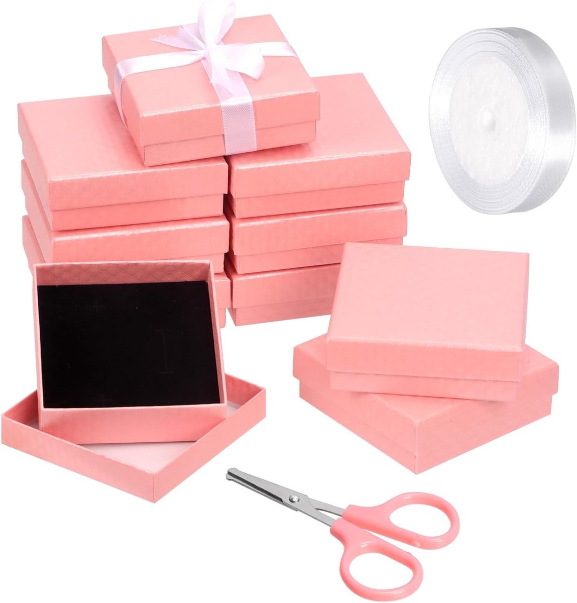 12 Stuks Roze Sieraden Geschenkdozen 9 x 9 x 3CM met Roze Schaar en Witte Polyester Ribbons, Perfect voor Kettingen, Oorbellen en Armbanden