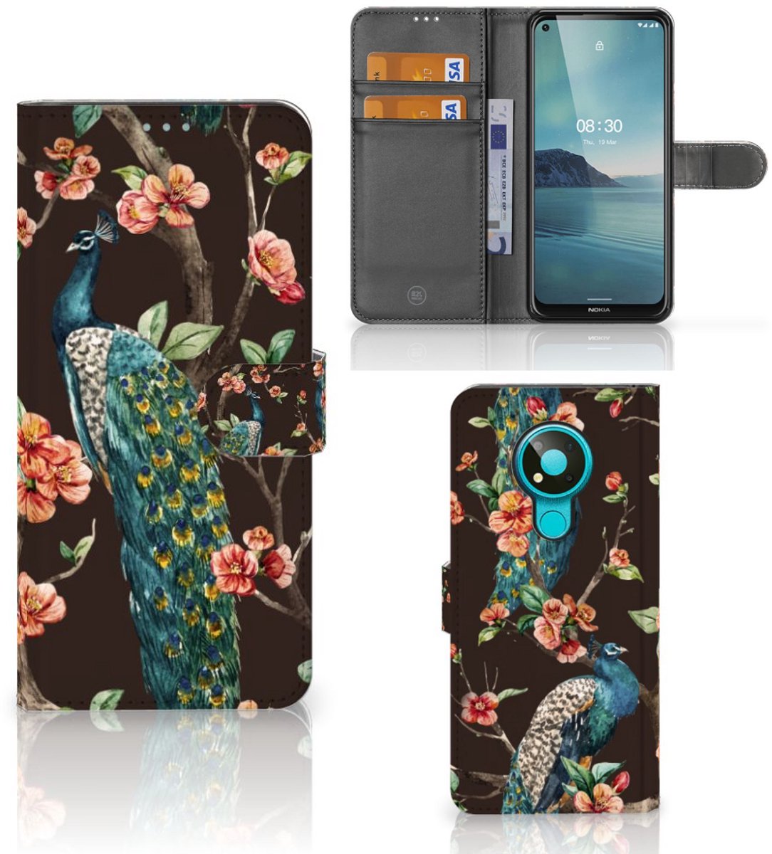Nokia 3.4 Telefoonhoesje met Pasjes Pauw met Bloemen
