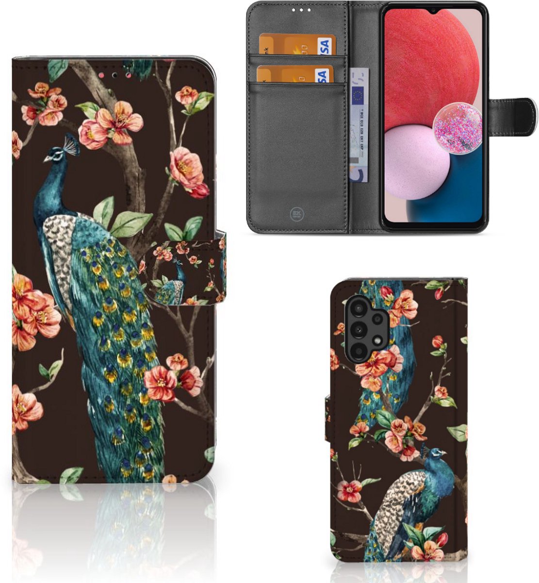 Samsung Galaxy A13 (4G) Telefoonhoesje met Pasjes Pauw met Bloemen