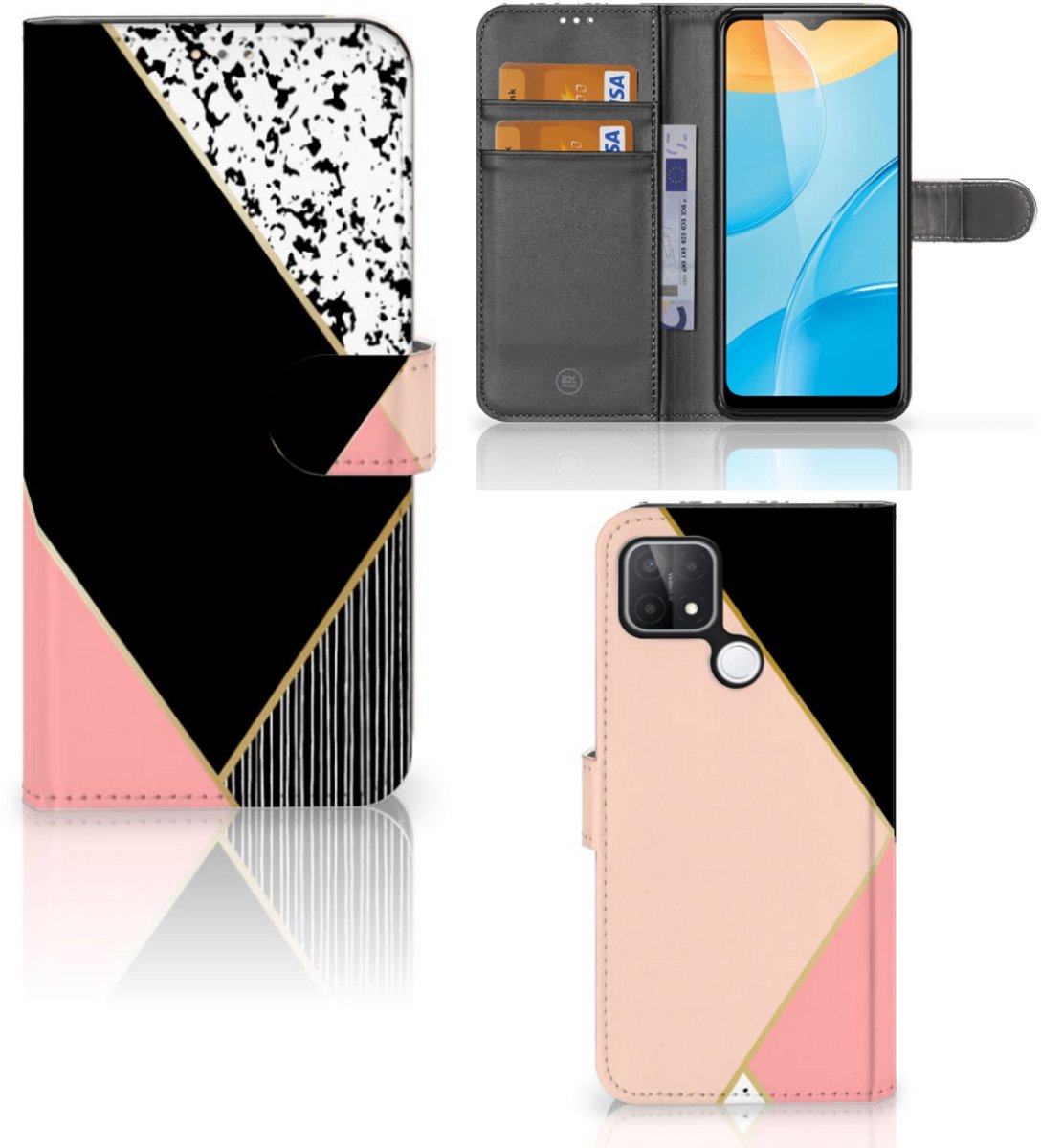 OPPO A15 Book Case Zwart Roze Vormen