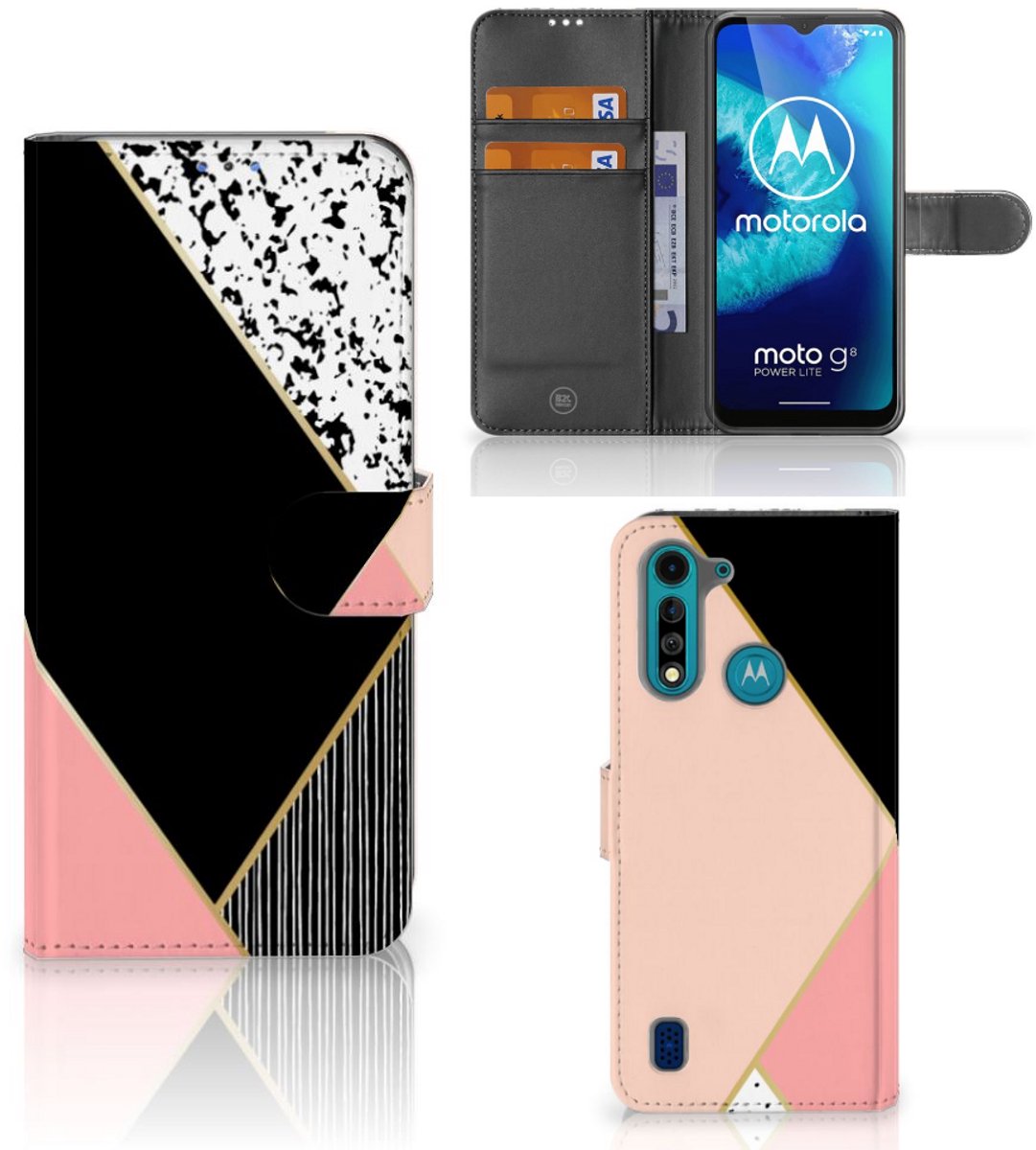Motorola G8 Power Lite Book Case Zwart Roze Vormen