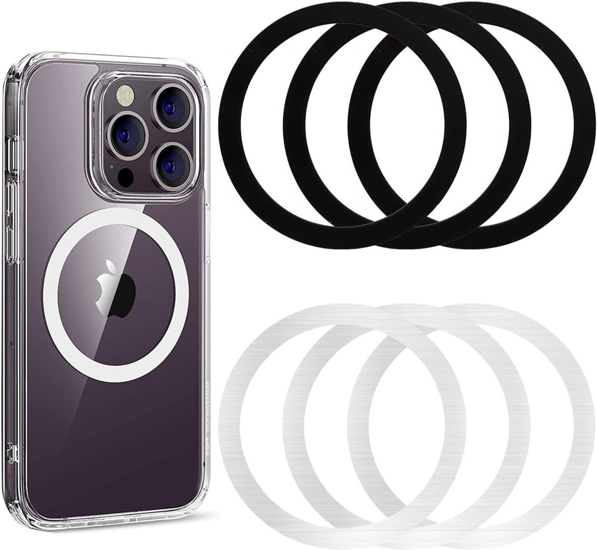 Zes magnetische telefoonstickers voor draadloos opladen, geschikt voor universele opladers en MagSafe-ring (Zwart + Zilver)