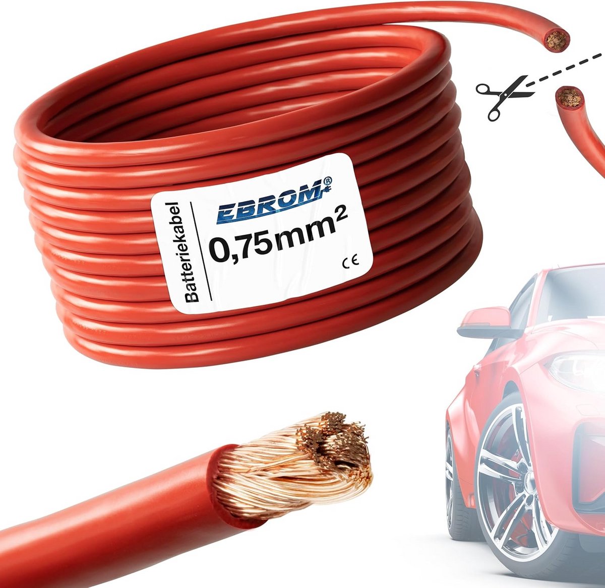 Voertuigkabel Flexibel - Autokabel Massakabel - Elektrische Installatie - Hoge Temperatuur Bestendig - 05 mm Doorsnede - Rood