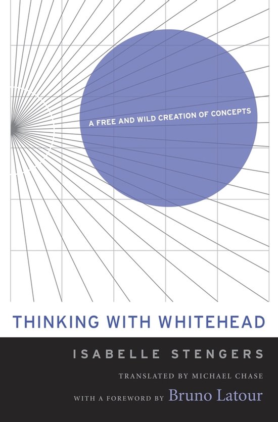 Boek "Thinking With Whitehead" door Isabelle Stengers. Abstract ontwerp met blauwe cirkel en lijnen.