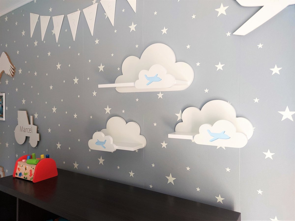 Moliland Moli Serie - Kinderkamer Plank - Grote en Kleine Wolken - Met Vliegtuigjes