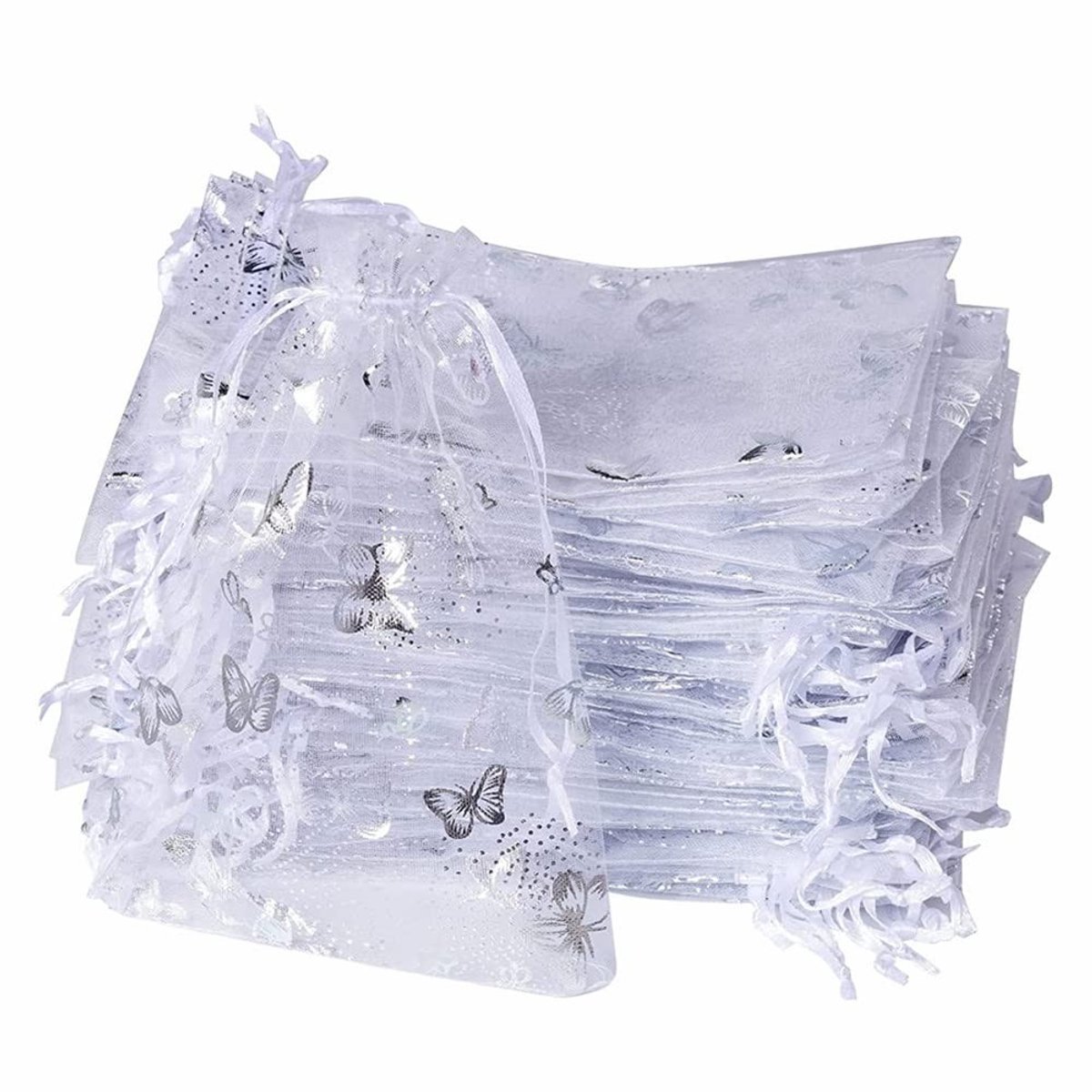 Pack van 100 Witte Organza Tassen 9x12 cm met Vlinderprint - Perfect voor Cadeaus en Trouwen