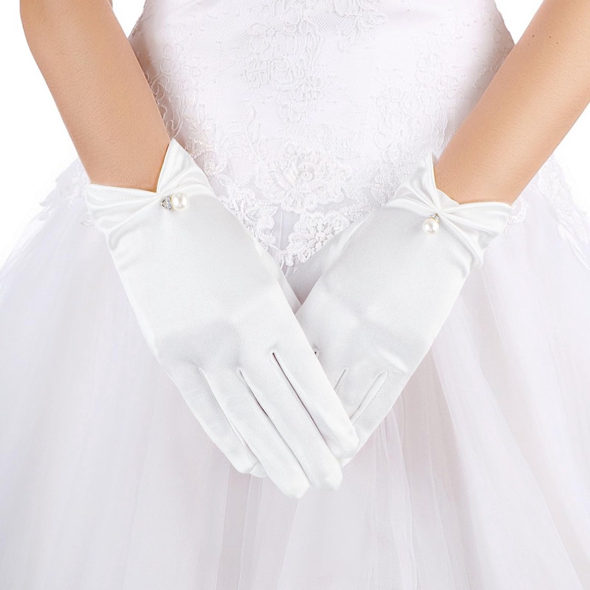 Dailygoody - Korte satijnen bruidshandschoenen - Elegante bloemen - Perfect voor bruiloften - Wit - Dinerhandschoenen - Stijlvolle toevoeging - Geschi...