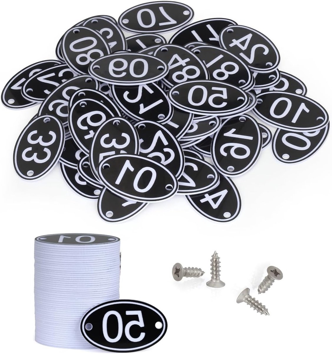 100 Sets Gegraveerde Zwarte Ovalen Nummer Tags voor Lockers met Schroeven - Van 1 tot 100 voor Organisatie en Identificatie