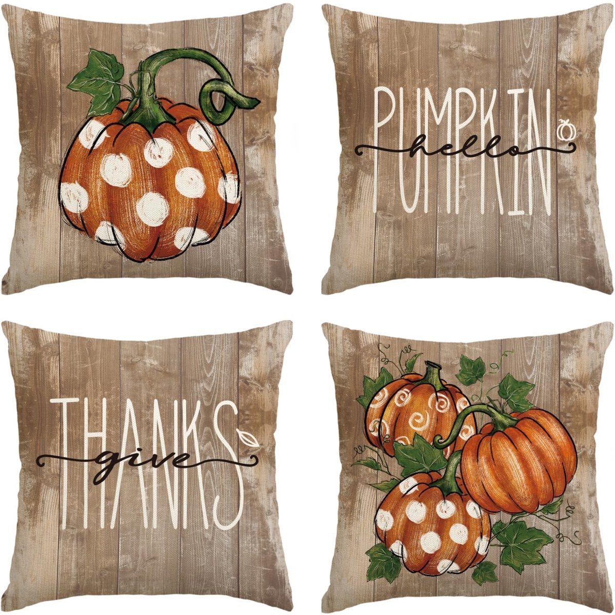 Dailygoods - Dailygoody - Kussenslopen - Pompoenen en Bladeren - Modern en Warm - 45 x 45 cm - Decoratief voor Woonkamer - Set van 4