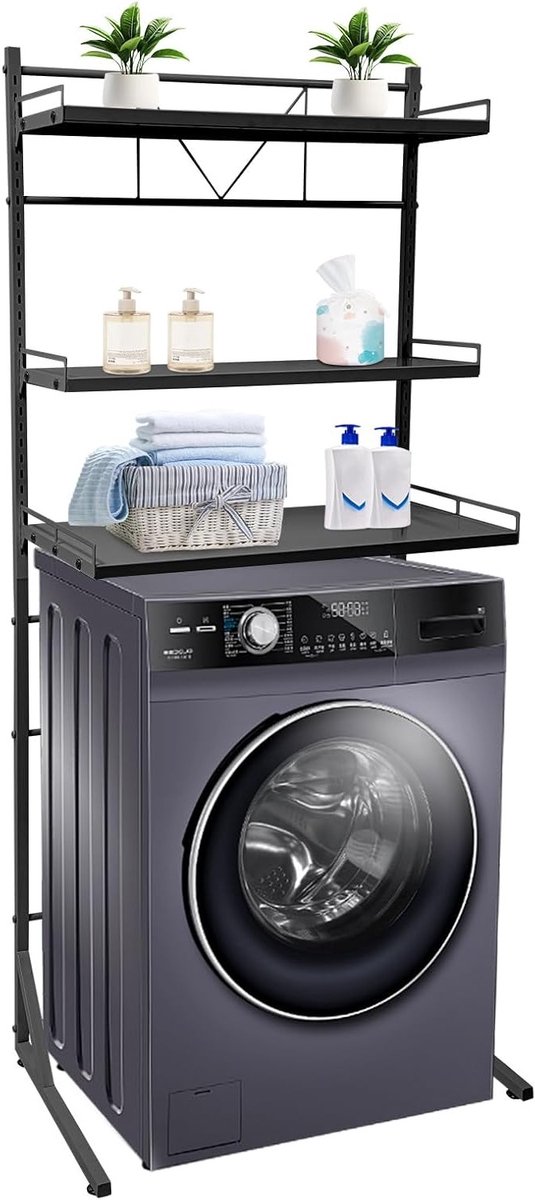Multifunctionele Drie-Lagen Plank voor Wasmachine - 68 x 46.5 x 88.5 cm, Opbergruimte voor Handdoeken en Accessoires (Zwart)