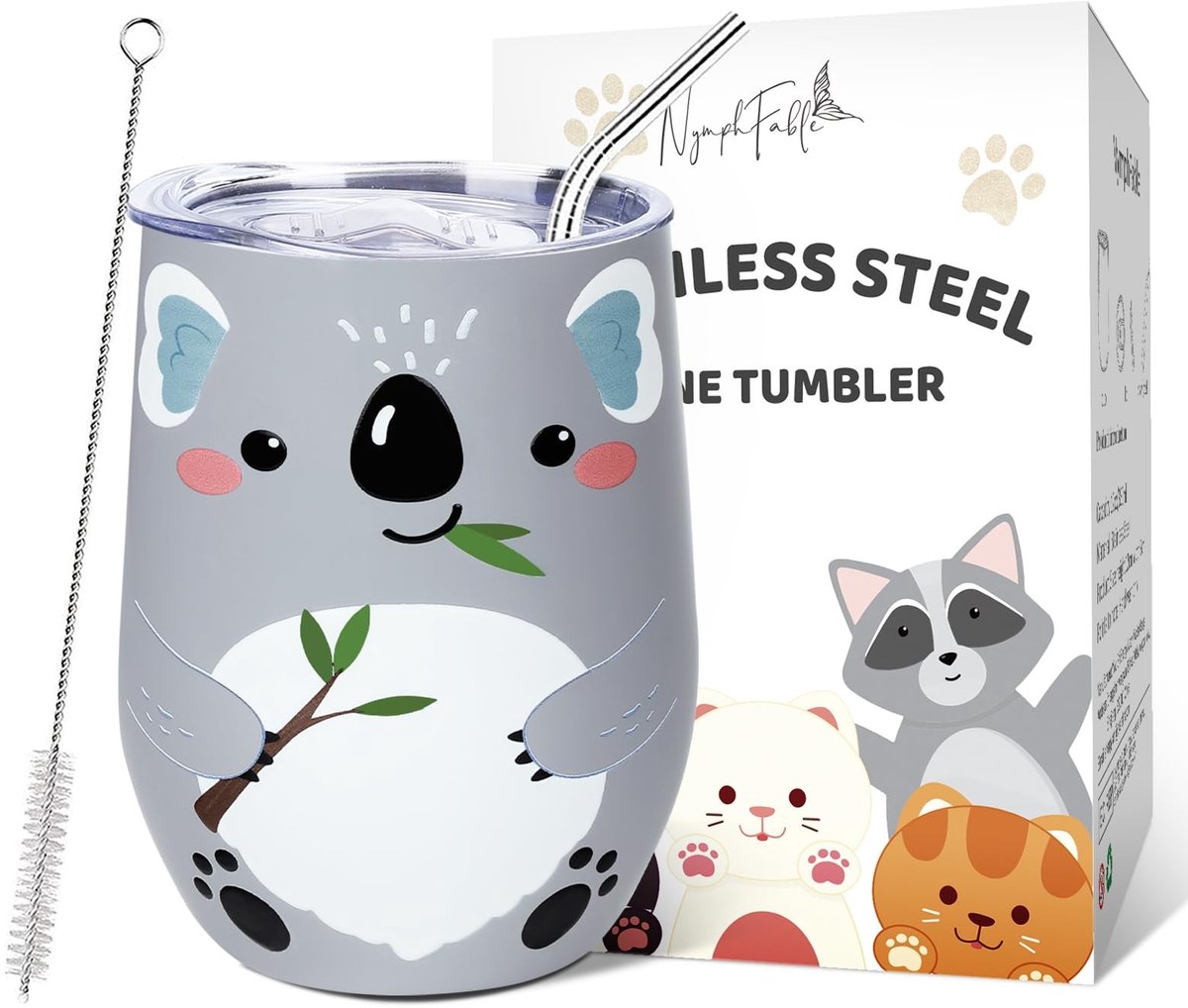 Dailygoods - Dailygoody - Roestvrijstalen Thermosbeker - Wijn Tumbler - Geïsoleerde Reismok - 12 Ounces - Herbruikbaar - Geschikt voor Thuis - Koala Model