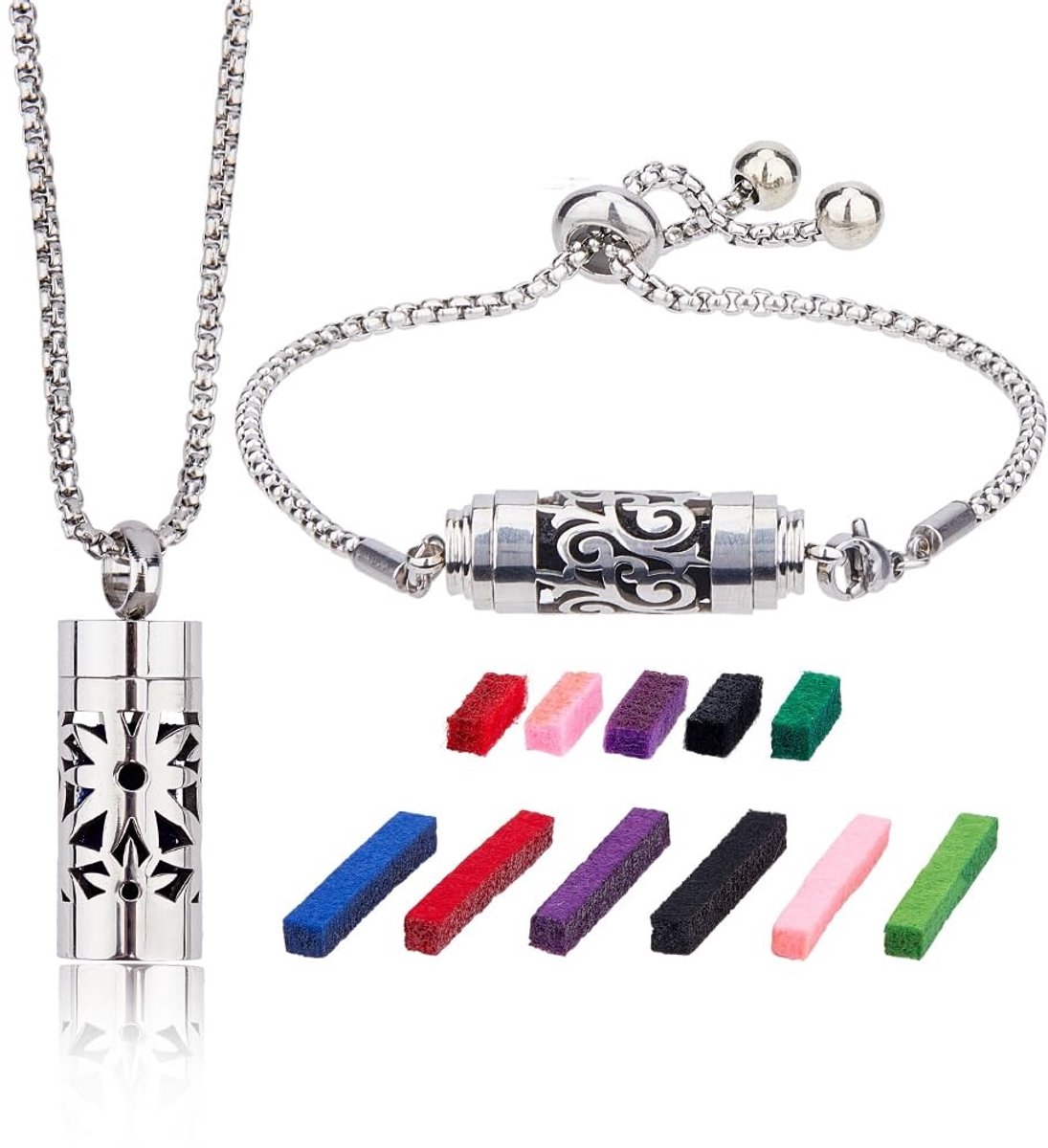 Dailygoody - Etherische Olie Diffuser - Aromatherapie Medaillon - Zilver - Ketting en Armband Set - Verwisselbare Parfum Pads - Geschikt voor Persoonl...