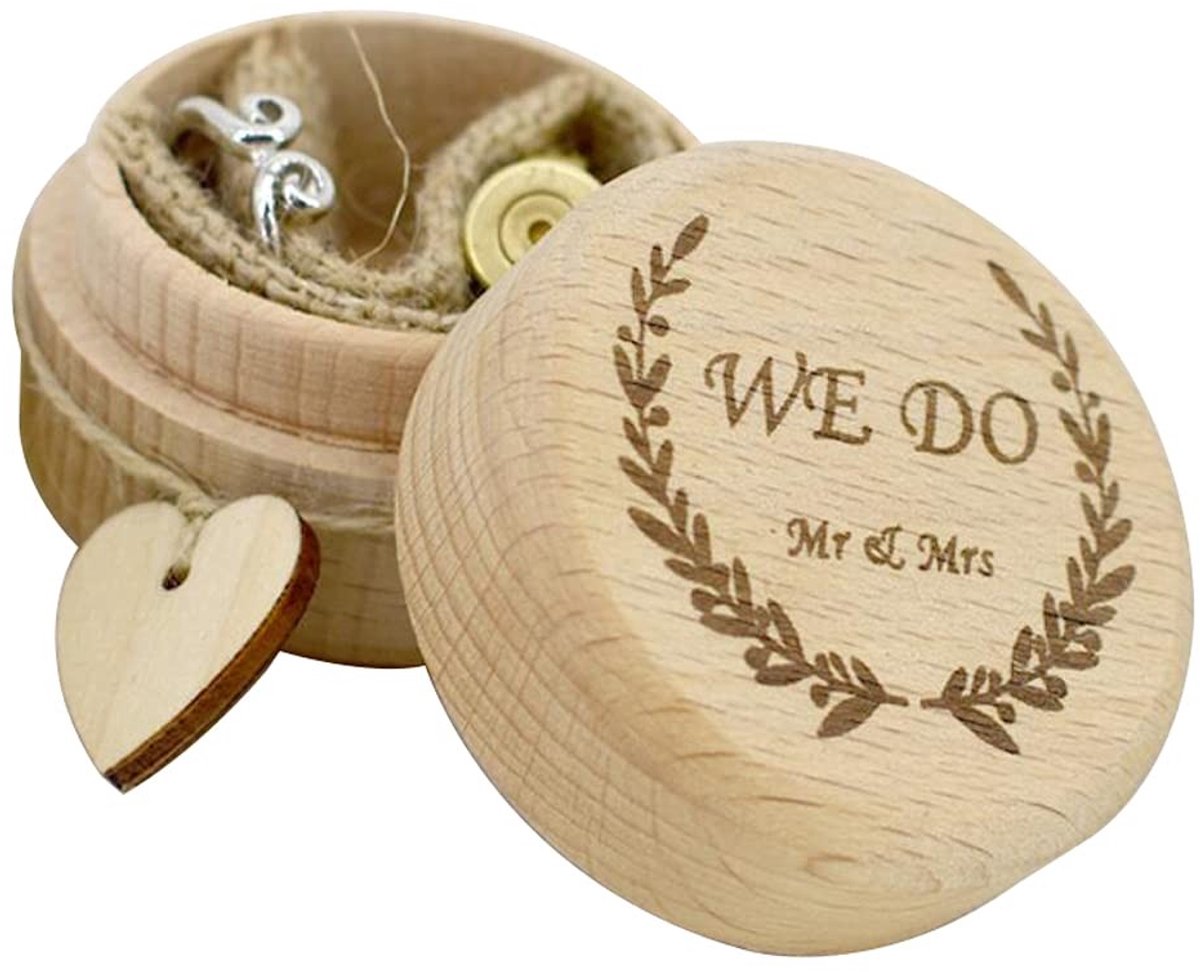 Dailygoody - Houten Trouwring Doos - Gepersonaliseerde Sieraden Verpakking - Natuurlijk - Verloving Presentatie Doos - Bruiloft - Duurzaam Hout - Gesc