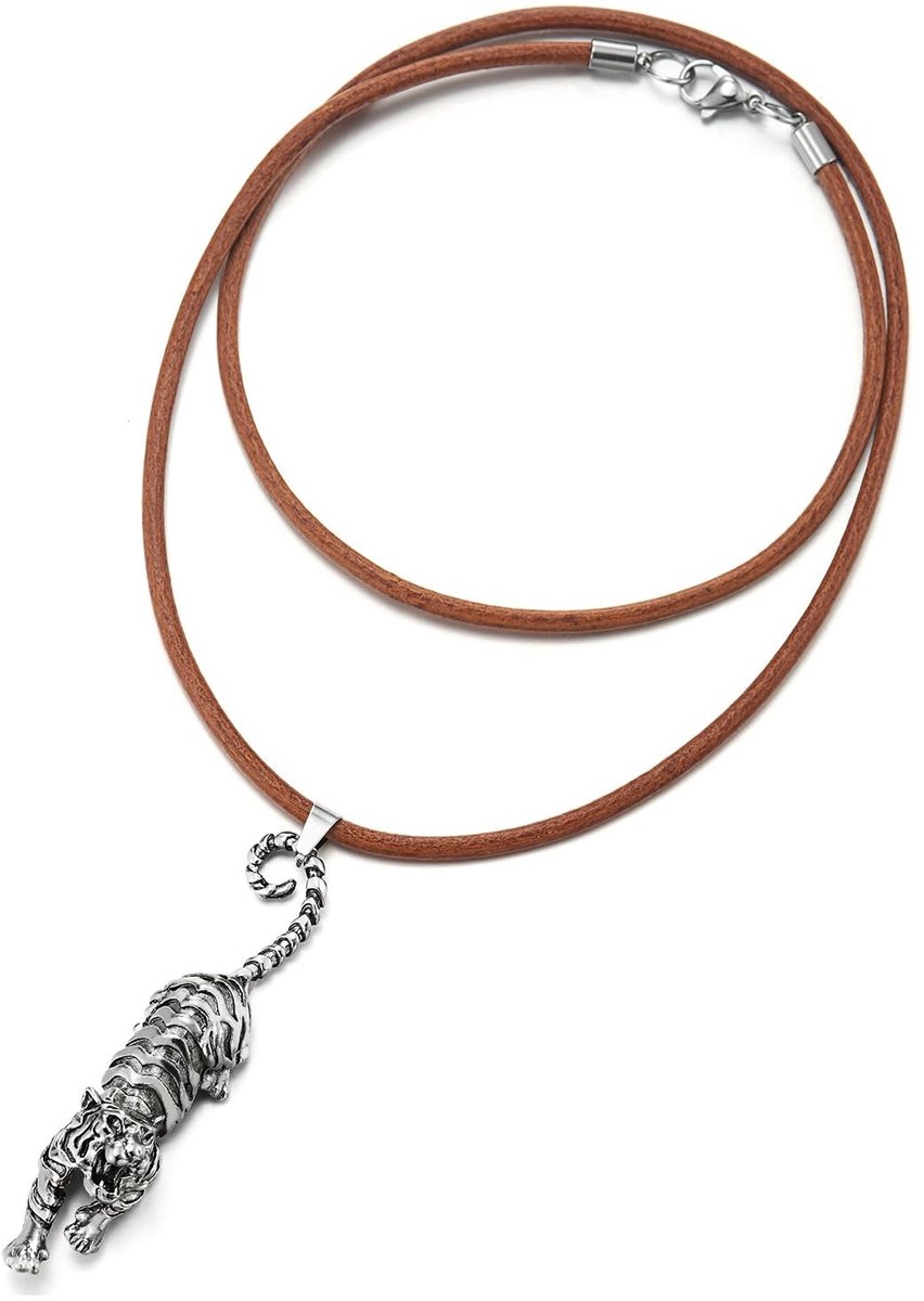 Dailygoods - Dailygoody - Heren halsketting - Brullende tijgerhanger - Bruin leren koord - Metalen legering - Uniek design - Geschikt voor elke gelegenheid - 6,5 c.