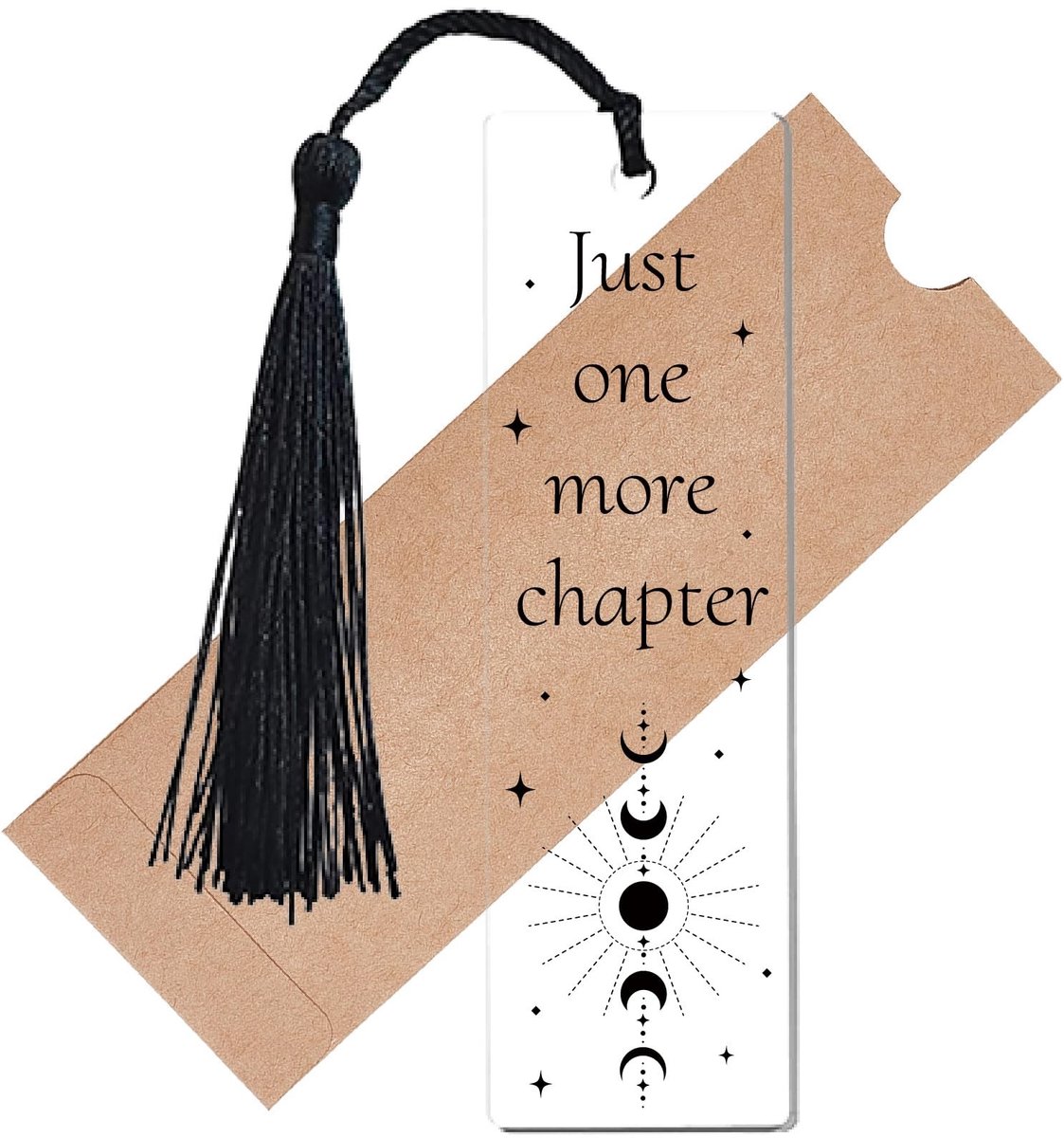 Dailygoods - Dailygoody - Bladwijzer - Maanfase - Transparant acryl met zwarte kwast - Boekenmarker - Just One More Chapter - Perfect voor boekenliefhebbers - 3,5