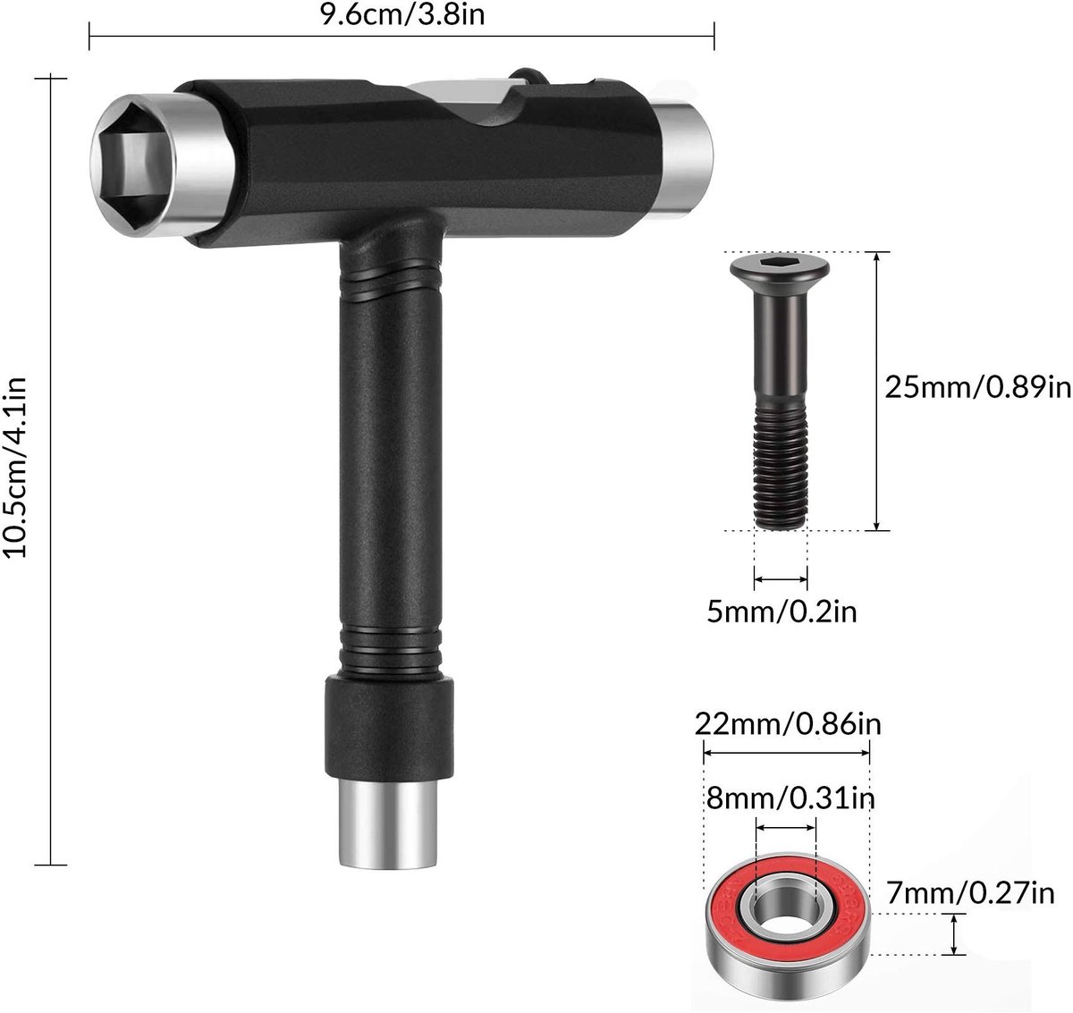 Dailygoods - Dailygoody - Multifunctioneel Skateboard-gereedschap - Draagbare Moersleutel - Handig voor Onderhoud - L-type en T-type - Inclusief Skate-lagers en Ha