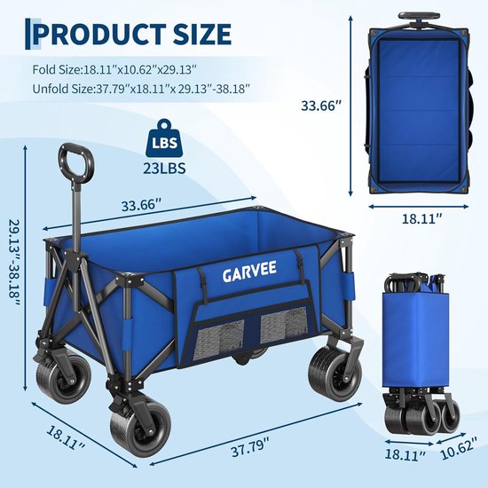 Heavy-Duty Opvouwbare Bolderkar Zwart - Draagkracht 215 kg / 280 Liter - Bolderwagen met All-Terrain Wielen, Remmen & Bagagespin - Strandkar & Kamperen - Blauw — afbeelding 4