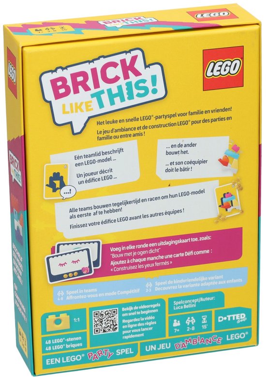 Achterkant van de doos van het LEGO Brick Like This! spel met spelinstructies en illustraties.