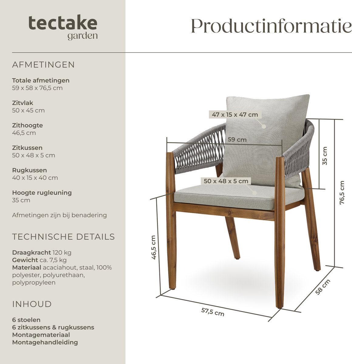 tectake® Set van 6 Tuinstoelen Manacor - Tuinstoel in Rope-Design - Balkonset - Weerbestendige Buitenstoel van Gelakt Acaciahout - Grijs/Beige - Stoelen voor Tuin, Balkon, Terras – foto 4