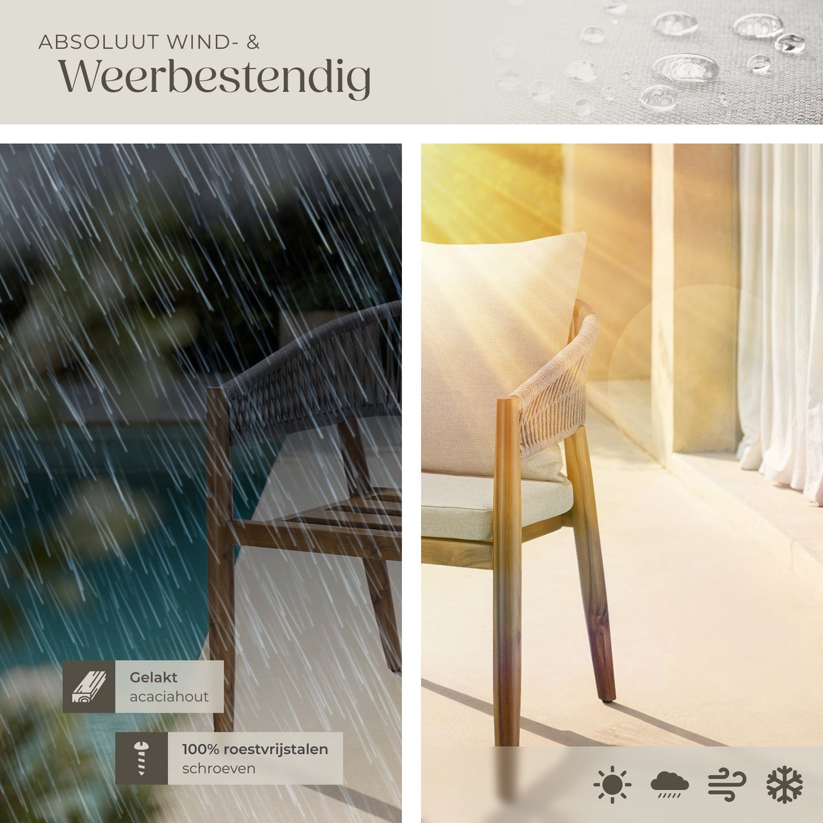 tectake® Set van 6 Tuinstoelen Manacor - Tuinstoel in Rope-Design - Balkonset - Weerbestendige Buitenstoel van Gelakt Acaciahout - Grijs/Beige - Stoelen voor Tuin, Balkon, Terras – foto 5