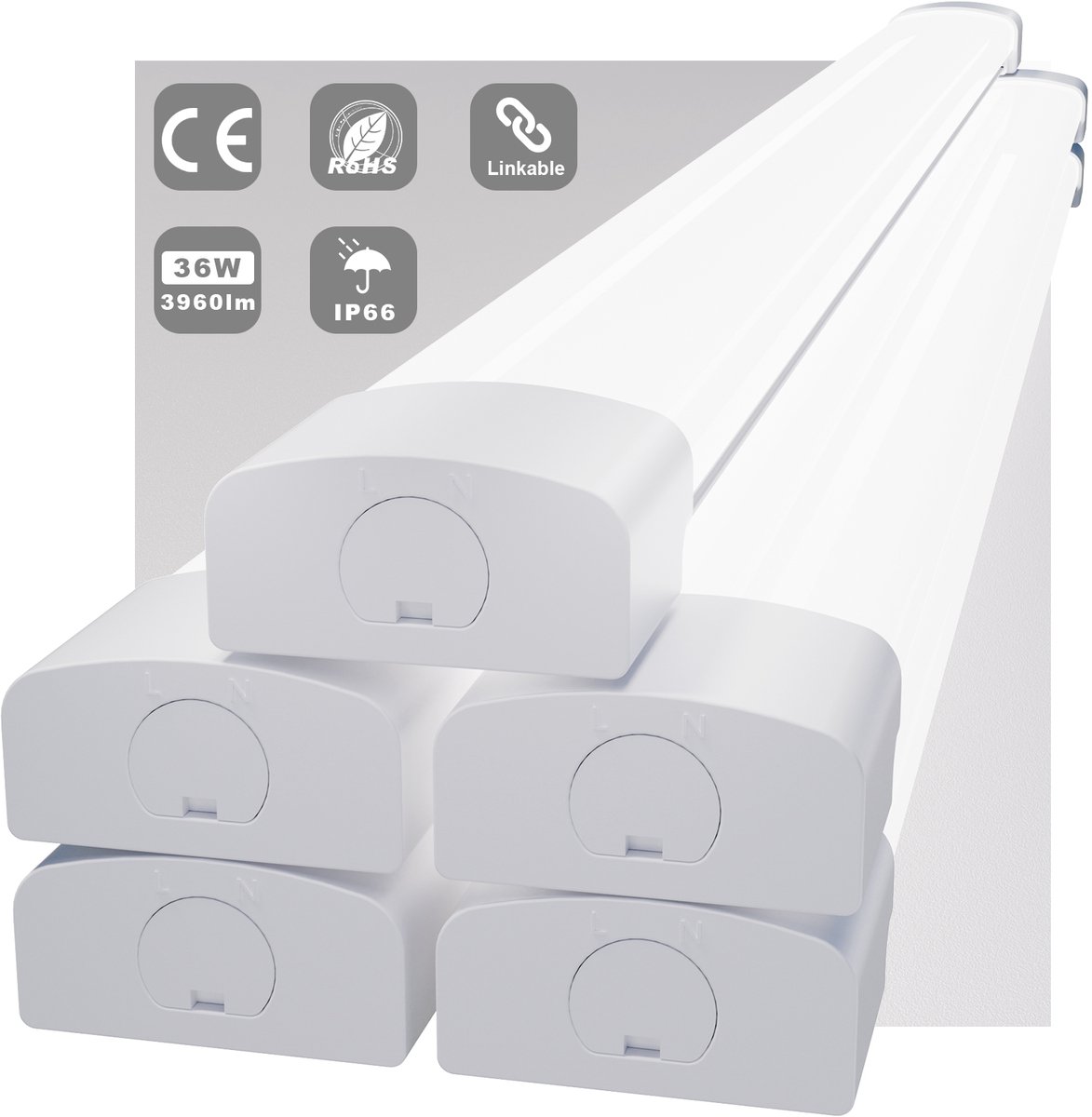 MODLICHT - 5PCS LED Batten 120 cm 36W 5000K 4000LM - Daglicht wit - LED TL Armatuur - Voor werkplaats, schuur en als onderbouwverlichting