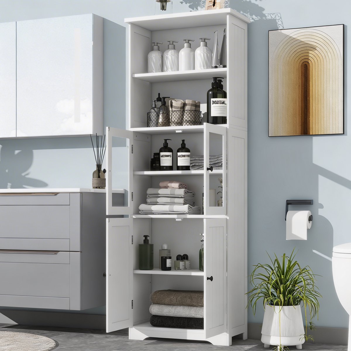 Badkamerkast Hoog - Kolomkast met Glasdeuren en Open Planken - 160 cm Hoog - Vochtbestendig MDF - Wit - Modern Design voor Badkamer & Woonkamer