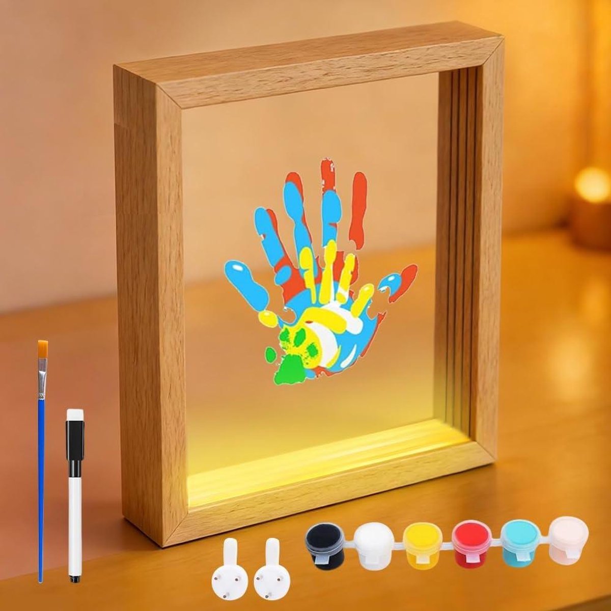 Familie Handafdruk Set - Voetafdruk Baby Set - Herinneringen Maken - Inclusief Led Nachtlampje - Houten Frame - Wit