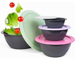 PROFUN Saladekommen met deksel, grote kommenset met deksel, mengkom, plastic kom, vershouddozen, stapelbare dozen, verpakking van 4 stuks